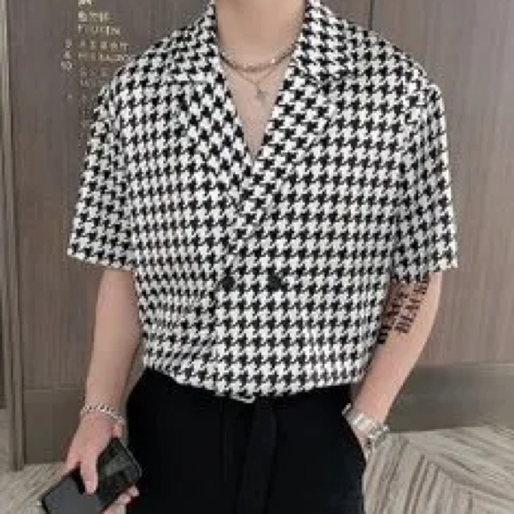 Houndstooth Double Breasted Short Sleeve Shirt: Black and White - Size L… - Picture 6 of 6
